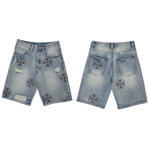 Vintage Faded Light Wash Distressed Cross Embroidered Loose Knee Length Denim Shorts <b>Rip</b> Patch Wide Leg <b>Jean</b> Cutoffs for <b>Men</b> - Product Image 5