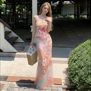 เดรสยาวทรงเมอร์เมดพิมพ์ลายดอกไม้สีสันสดใส สายเดี่ยว ดีไซน์เซ็กซี่เข้ารูป สไตล์วันพักผ่อน - Product Image 3