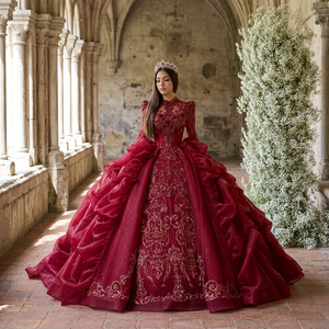 Xs261 Vestido de Noche Moderno Rojo de Manga Larga hasta el Suelo para Mujer, con Lentejuelas y Cuentas, Escote Corazón, Sin Espalda y Cola Capilla - Product Image 1