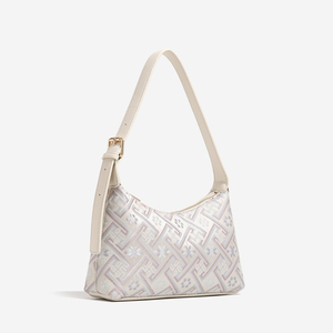 Sac à main élégant en jacquard artisanal, tons pastel doux, motif floral géométrique délicat, sangle réglable en cuir PU - Product Image 6