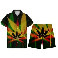 Chemises d'été à manches courtes pour hommes en tissu noir à feuilles d'érable de style jamaïcain rasta reggae, chemise élégante décontractée et ensemble de pantalons de plage pour hommes