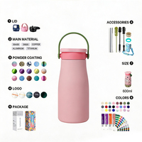 Bouteille d'eau en acier inoxydable de 600 ml (20 oz) avec couvercle à paille et revêtement intérieur en céramique, double paroi isolée sous vide, anti-fuite