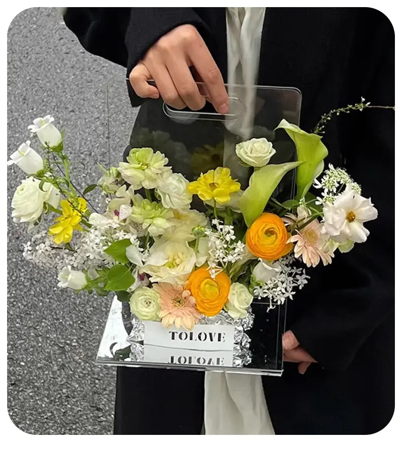 กระเป๋าถือของขวัญดอกไม้ใส กล่องดอกไม้อะคริลิคแบบพกพา