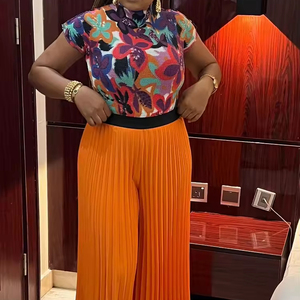 2024 verano <span class=keywords><strong>nueva</strong></span> moda Casual Moda Africana Colorblocking mujeres <span class=keywords><strong>Issey</strong></span> <span class=keywords><strong>Miyake</strong></span> Top con pantalones sueltos plisados conjunto de dos piezas - Product Image 1