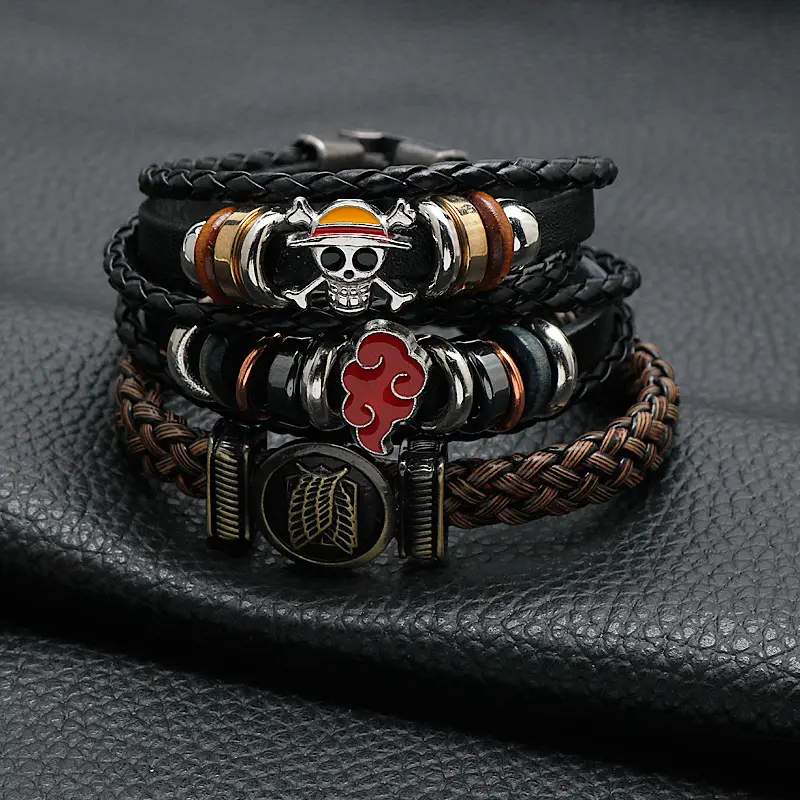Hot Japan Punk Style Anime Red Cloud Attack On Titan 1 Piece Skull Charm Leather Bracelet For Men Male Women