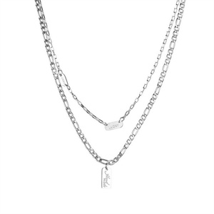 Collier double couche en acier inoxydable argenté, chaîne Figaro, pendentifs breloques rectangulaires vierges, design tendance - Product Image 1