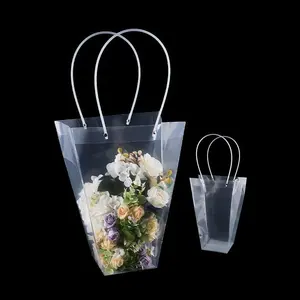 Holiday Trapezoid PP Plastic Gift Bags with Handle Clear Bouquet Flower Waterproof Bags for Birthday Christmas Valentine Wedding