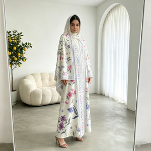 Elegant Floral Print Abaya <b>Set</b> for Women Crepe Chiffon Open Front Muslim Dress With Hijab Ramadan Eid <b>Modest</b> Wear - Product Image 2