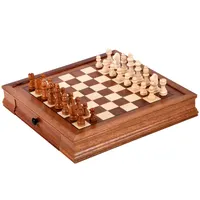 Manyetik katı ahşap satranç tahtası ve dama seti depolama çekmeceli