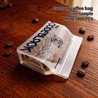 Sacs à café laminés avec logo personnalisé, impression en gravure, valve unidirectionnelle, pochettes transparentes blanches, fond plat