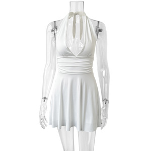 Abito Sexy <span class=keywords><strong>con</strong></span> cinturino a pieghe schiena scoperta <span class=keywords><strong>con</strong></span> scollo a V e pieghe attillate <span class=keywords><strong>con</strong></span> spalline eleganti <span class=keywords><strong>con</strong></span> <span class=keywords><strong>gonna</strong></span> corta categoria di prodotto - Product Image 5