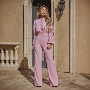 AJ4491 Fornitura Transfrontaliera <span class=keywords><strong>di</strong></span> Abbigliamento Femminile Europeo e Americano, Elegante Tuta con Pantaloni a Gamba Larga Personalizzata con Inserti in <span class=keywords><strong>Pizzo</strong></span> e Lacci - Product Image 2