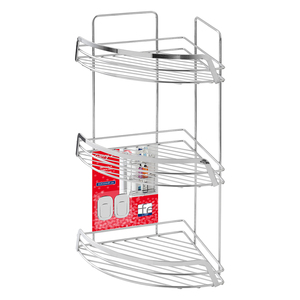 Mensola Angolare dal Design Moderno in Cromo Lucido con 3 Ripiani in Acciaio Inox e Ottone per Casa o Hotel, Supporto in Metallo con Finitura Spazzolata - Product Image 1