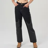 2022 neue Mode Mädchen gerades Bein lose Jeans hose hohe Taille zweifarbige schwarze Rahmen Design mit Nieten Frauen Jeans Hose