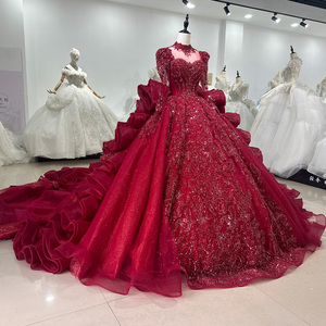 Robe de mariée de luxe à manches longues et col montant avec traîne, robe de bal de princesse Xs084 - Product Image 2