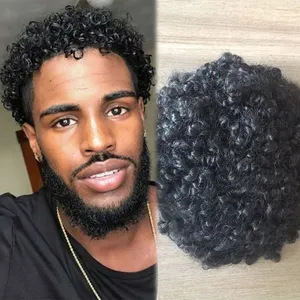 Factory Stock Langlebige volle französische Spitze Afro Curly 25MM Raw Virgin Remy Echthaar Männer Perücken Patch Haar teile Toupee für den Menschen