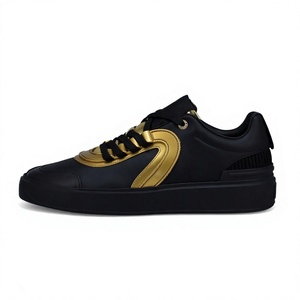 Baskets de skate noires et dorées pour hommes, chaussures de conduite, de marche et de ville élégantes et tendance en cuir véritable à lacets, imprimé léopard - Product Image 1