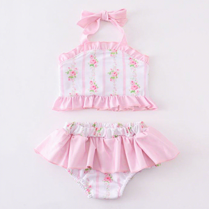 <span class=keywords><strong>Costume</strong></span> <span class=keywords><strong>da</strong></span> Bagno Estivo per Bambina, Due Pezzi con Stampa Floreale Rosa e Volant, Vendita Calda - Product Image 1