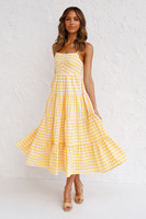 Robe midi plissée à carreaux en coton, à volants croisés au dos, taille naturelle, élégante et décontractée pour femme, été, écologique