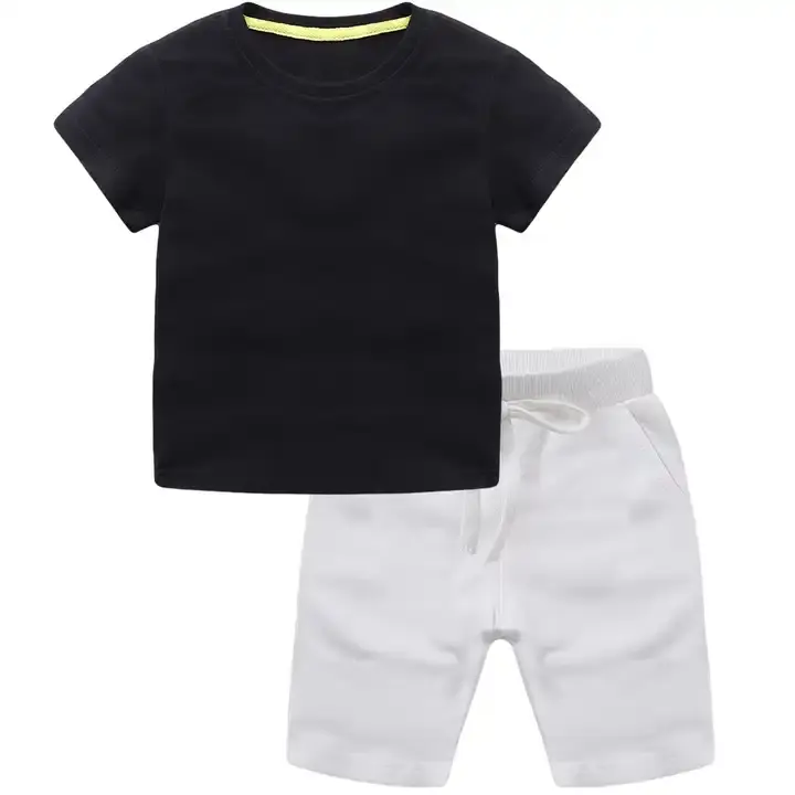 Best Selling Summer Wear Personalizado 100% Algodão Meninos Shorts Define Blank Plain Kids Clothing Two Piece Set