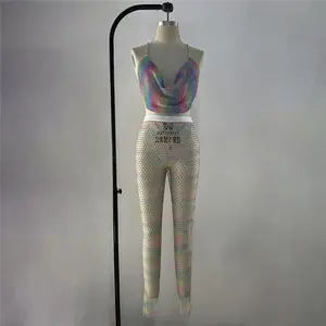 Ladies Polychrome Color Rhinestone Party Vest Tops Metallic Fashion Crop Top