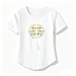Nuova T-shirt in stile folklocolore cinese, semplice, a maniche corte, con scollo rotondo, motivo stampato, con frange, vestibilità ampia. - Product Image 4