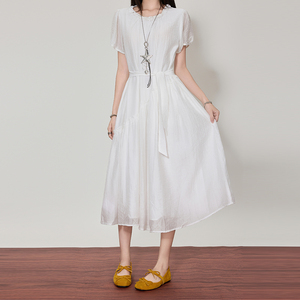 OEM/ODM blanco princesa Maxi vestido dulce Natural Vintage Casual encaje francés estampado cremallera cintura Cinching 100% algodón gasa - Product Image 3