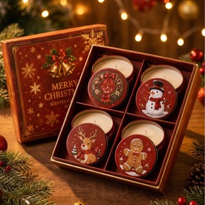 Juego de Velas Aromáticas de Navidad en Latas Metálicas, Decoración Navideña, Caja de Regalo, Diseño Rojo - Product Image 1