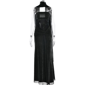 Vestido de noche sin tirantes, de un solo hombro, ajustado, con capas transparentes y recortes, largo, negro, para mujer. - Product Image 5