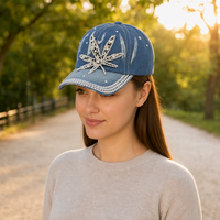Casquette de baseball en jean délavé vintage avec applique feuille en strass, clous perlés, sangle réglable, unisexe, style streetwear, casquette de papa