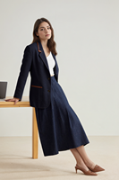 Blazer bleu marine avec garniture marron femmes veste à revers simple boutonnage élégant poches plaquées bureau vêtements d'extérieur décontractés