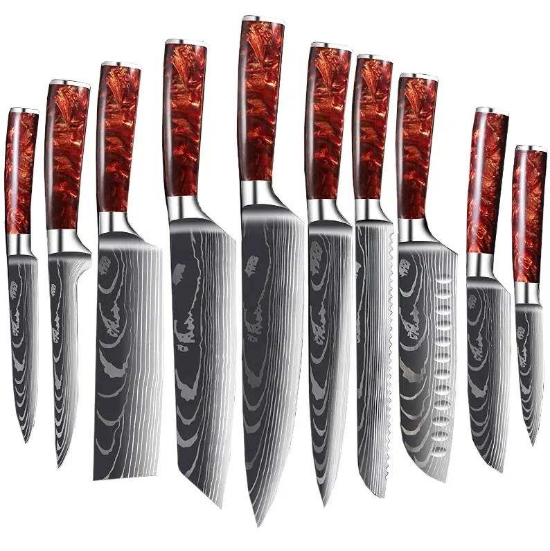 Factory wholesale 10 Pcs Kitchen Knives Set Japanese Damascus Laser Chef Knives With Resin Handle Stainless Steel Kitchen Items