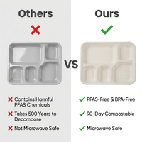 Barquette alimentaire jetable en bagasse de canne à sucre à 5 compartiments, biodégradable et compostable, pour la restauration