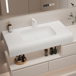 Modern Cream White Bathroom Vanity with Solid Surface Integrated <b>Sink</b> Floating Cabinet with <b>Storage</b> Drawers - Product Image 2