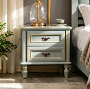 Chic Gold Line Solid Wood Nightstand 2-<b>Drawer</b> Turned Leg Bedside Cabinet Durable Multi-Purpose Traditional Bedroom Furniture - Product Image 4