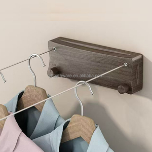 Perchero de madera para ropa, tendedero de cuerda de alambre de acero retráctil montado en la pared, líneas dobles flexibles para interiores para secar ropa - Product Image 1