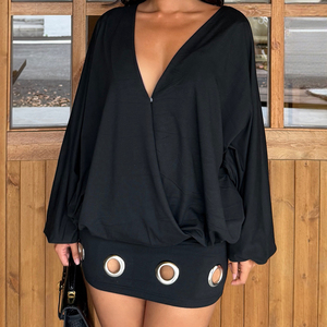 Robe en maille à col en V profond avec découpes ajourées, robe moulante à manches longues pour femme, taille cintrée, coupe ajustée, style Y2K rétro décontracté - Product Image 1