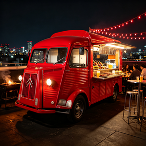 Camión de Comida Móvil Retro Rojo Brillante Personalizado con Parrilla para Asar a la Carbón, Mostrador para <span class=keywords><strong>Hamburguesas</strong></span> para Mercado Nocturno en el Techo - Product Image 1