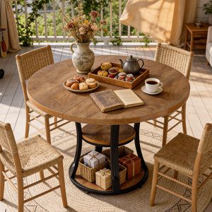 Table à manger ronde en bois SENYU avec pieds en métal, 6 places, style farmhouse, meubles pour la maison - Product Image 4