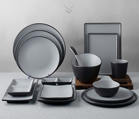 Service de vaisselle incassable 100 % mélamine, motif végétal gris et noir, pour restaurant, assiettes et plats de qualité alimentaire