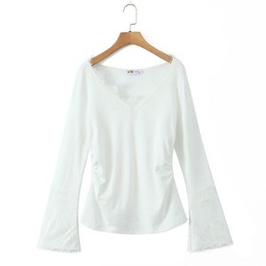 French Style <b>Lace</b> Trimmed Fitted <b>Top</b> White Long Sleeve Knitted Cotton Women's Plus Size N9059 - Product Image 1