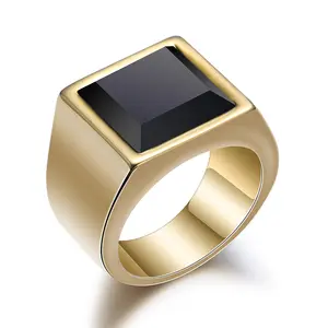 NUORO Simple Gold Silver Color Hip Hop Punk Rings For Men Wedding Jewelry Male Black Stone Stainless Steel Ring
