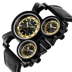 OULM นาฬิกาข้อมือผู้ชาย,นาฬิกาควอทซ์กันน้ำมีหลายเขตเวลาสายหนังขนาดใหญ่ดีไซน์เป็นเอกลักษณ์แฟชั่นใหม่