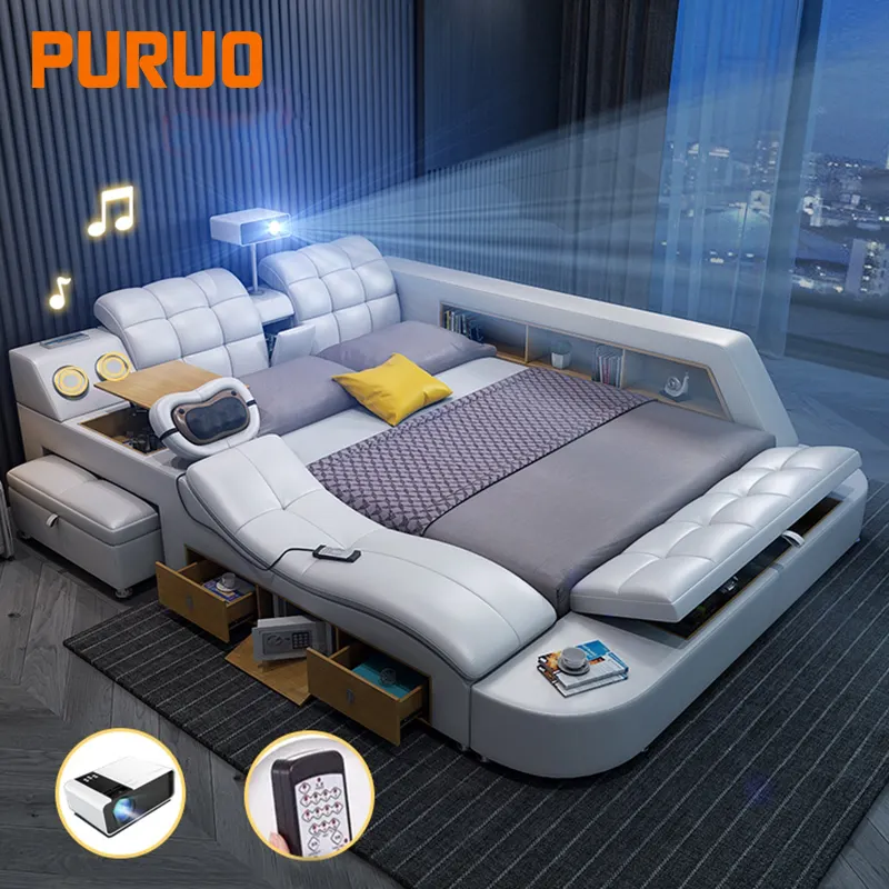 سرير ذكي من الجلد متعدد الوظائف مكبر صوت ذكي للموسيقى واجهة USB أثاث غرفة نوم مع وظيفة التدليك