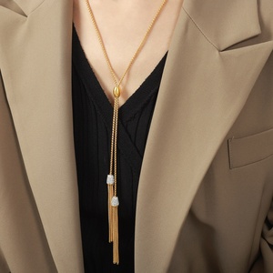 Collar de cadena larga con cuentas de circonita de acero inoxidable chapado en oro para mujer, joyería elegante y moderna - Product Image 5