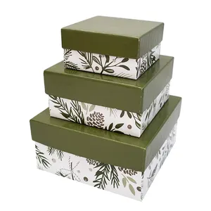 Custom Rectangle INS Style Leaf Printed Green Lid And Base Gift Paper Packaging Box For 3 Pcs Set