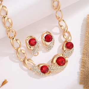 European and American Light Luxury Ruby Black Gem Women's Necklace <b>Earrings</b> Set Gold Diamond Exaggerated Bridal Dress - Product Image 4