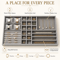 Organisateur de bijoux en velours gris personnalisé, insert de tiroir empilable pour bagues, boucles d'oreilles, colliers, rangement de placard