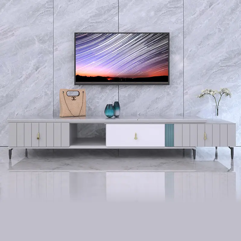 Penjualan Laris 2021 Meja Kopi dan Kabinet TV Set Meja Kopi Kaki Besi Atas Marmer Kayu Modern Tampilan Berdiri Tv
