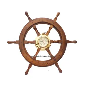 手工制作的航海木制船轮，带时钟，用于客厅和办公室装饰